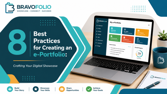 Banner featuring the title '8 Best Practices for Creating an e-Portfolio' with the subtitle 'Crafting Your Digital Showcase'.